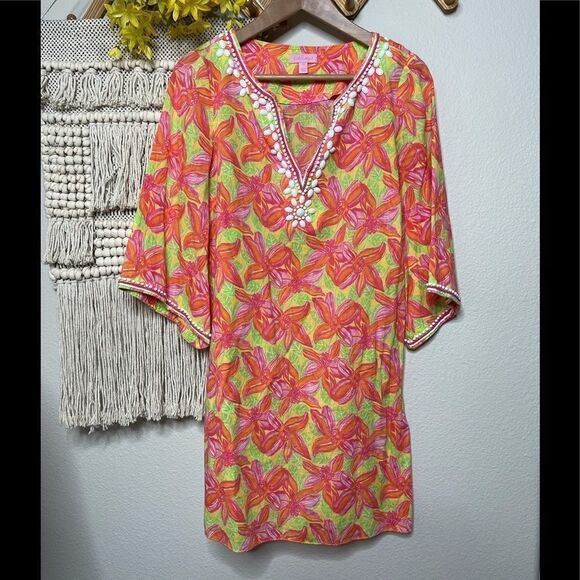 Lilly Pulitzer Pink Orange Floral Tropical Beaded Swim Cover - Picture 1 of 8